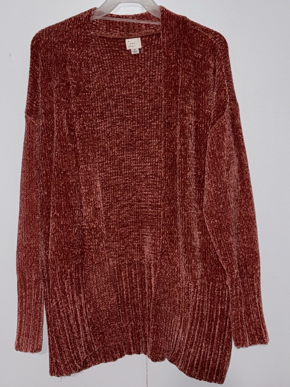 A New Day Womens M Chenille Cardigan Rust Coral Open Front Chunky Knit Cozy